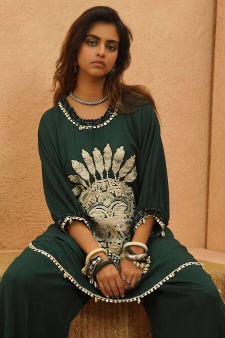 Sva By Sonam & Paras Modi_Emerald Green Georgette Embroidery, Beads Round Neck Embellished Co-ord Set_Online_at_Aza_Fashions