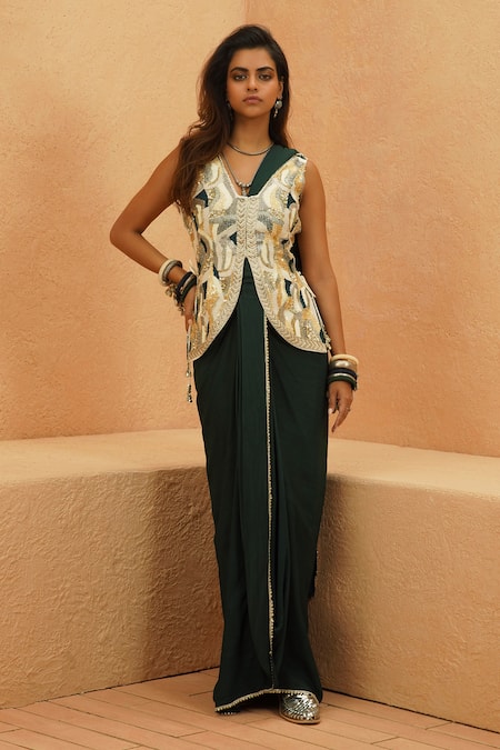 Sva By Sonam & Paras Modi Embellished Waist Coat & Emerald Drape Saree 
