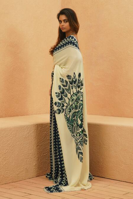 Sva By Sonam & Paras Modi Ivory Crepe Round Neck Mask Saree With Metallic Bustier Online at Aza Fashions Sva By Sonam & Paras Modi_Ivory Crepe Round Neck Mask Saree With Metallic Bustier_Online_at_Aza_Fashions