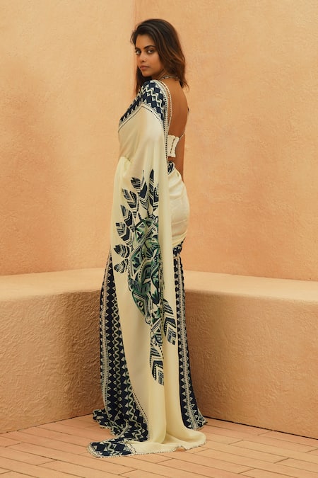 Shop Sva By Sonam & Paras Modi Ivory Crepe Round Neck Mask Saree With Metallic Bustier at Aza Fashions Shop_Sva By Sonam & Paras Modi_Ivory Crepe Round Neck Mask Saree With Metallic Bustier_at_Aza_Fashions