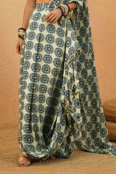 Sva By Sonam & Paras Modi_Blue Crepe Beads V-neck Embellished Pre-draped Saree And Bustier_Online_at_Aza_Fashions