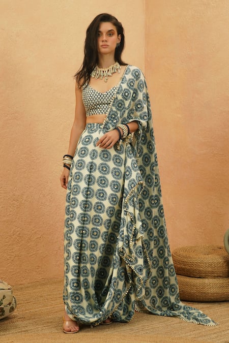 Sva By Sonam & Paras Modi Blue Crepe Beads V-neck Embellished Pre-draped Saree And Bustier 