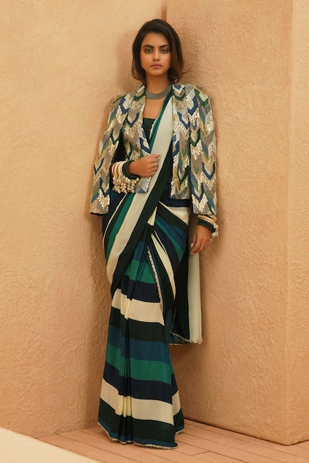 Sva By Sonam & Paras Modi Green Crepe Sequins, Beads Round Neck Suhana Stripe Pre-draped Saree Set