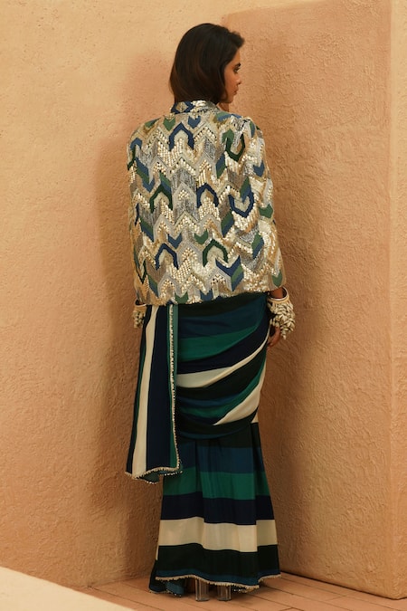 Shop Sva By Sonam & Paras Modi Green Crepe Sequins, Beads Round Neck Suhana Stripe Pre-draped Saree Set at Aza Fashions Shop_Sva By Sonam & Paras Modi_Green Crepe Sequins, Beads Round Neck Suhana Stripe Pre-draped Saree Set_at_Aza_Fashions