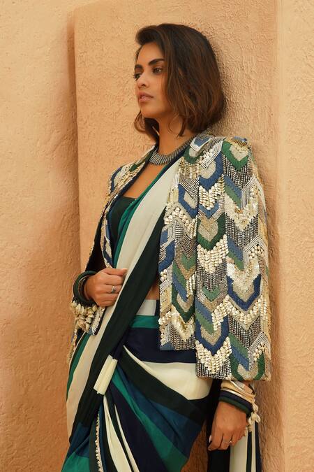 Sva By Sonam & Paras Modi Green Crepe Sequins, Beads Round Neck Suhana Stripe Pre-draped Saree Set Online at Aza Fashions Sva By Sonam & Paras Modi_Green Crepe Sequins, Beads Round Neck Suhana Stripe Pre-draped Saree Set_Online_at_Aza_Fashions