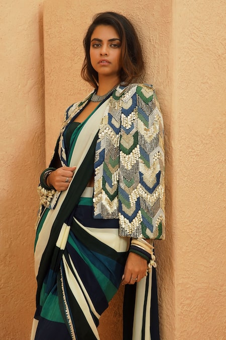 Buy Sva By Sonam & Paras Modi Green Crepe Sequins, Beads Round Neck Suhana Stripe Pre-draped Saree Set Online at Aza Fashions Buy_Sva By Sonam & Paras Modi_Green Crepe Sequins, Beads Round Neck Suhana Stripe Pre-draped Saree Set_Online_at_Aza_Fashions