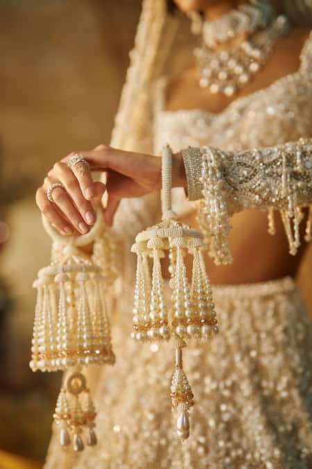 Shop_Seema Gujral_Ivory Pearls Embellished Kaliras - Set Of 2 _Online_at_Aza_Fashions