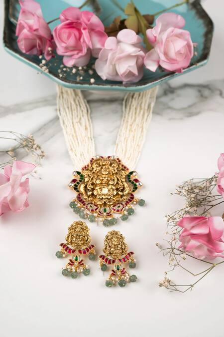 Anana White Stones, Beads Traditional Gold Plated Necklace And Earring Set Online at Aza Fashions Anana_White Stones, Beads Traditional Gold Plated Necklace And Earring Set _Online_at_Aza_Fashions