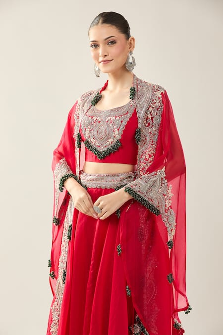 Prisho_Red Sequins, Beads, Embroidery Square , Open Maal Cape Skirt Set _Online_at_Aza_Fashions