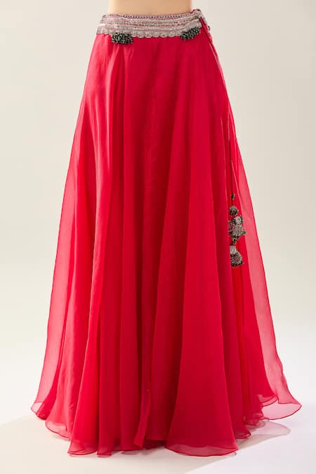 Buy_Prisho_Red Sequins, Beads, Embroidery Square , Open Maal Cape Skirt Set _Online_at_Aza_Fashions