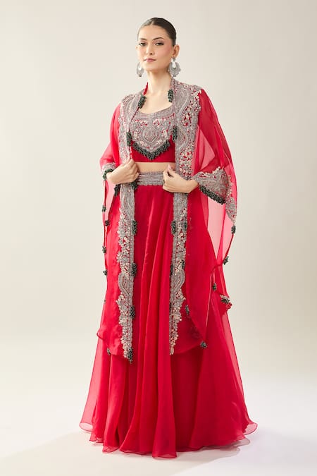 Prisho_Red Sequins, Beads, Embroidery Square , Open Maal Cape Skirt Set _at_Aza_Fashions