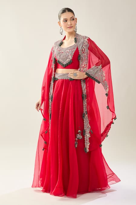 Buy_Prisho_Red Sequins, Beads, Embroidery Square , Open Maal Cape Skirt Set 