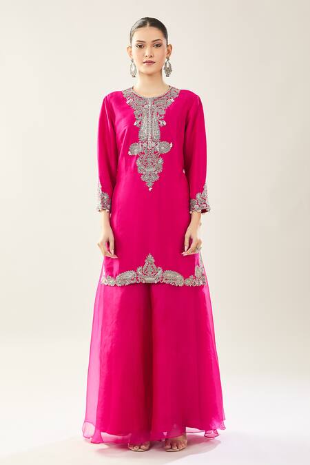 Prisho_Fuchsia Embroidery Round Neck Kairi Kurta Sharara Set _Online_at_Aza_Fashions