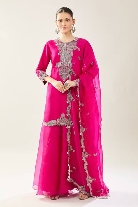 Buy_Prisho_Fuchsia Embroidery Round Neck Kairi Kurta Sharara Set _Online_at_Aza_Fashions
