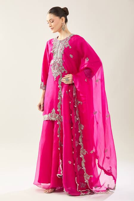 Prisho_Fuchsia Embroidery Round Neck Kairi Kurta Sharara Set _at_Aza_Fashions