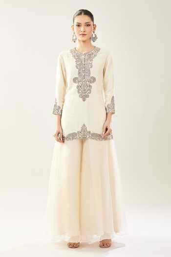 Prisho_Ivory Embroidery Round Neck Kairi Kurta Sharara Set _Online_at_Aza_Fashions