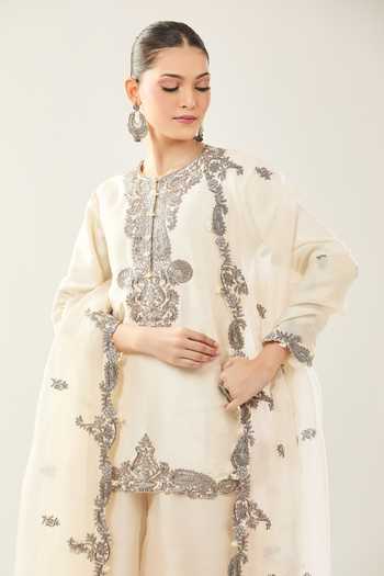 Shop_Prisho_Ivory Embroidery Round Neck Kairi Kurta Sharara Set _Online_at_Aza_Fashions
