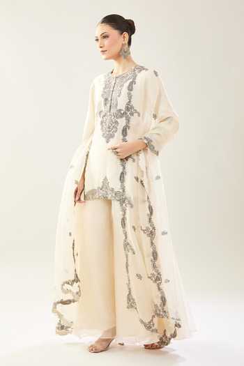 Prisho_Ivory Embroidery Round Neck Kairi Kurta Sharara Set _at_Aza_Fashions