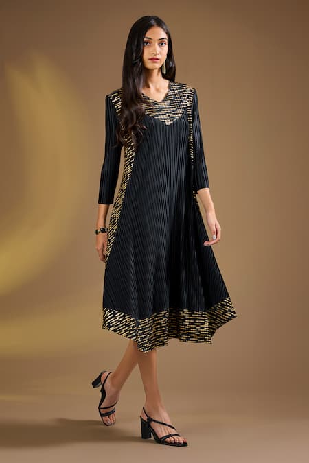 Ajiesh Oberoi Black Silk V-neck Grace Ensemble Dress