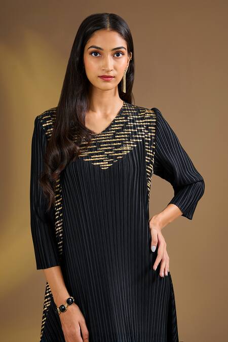 Ajiesh Oberoi Black Silk V-neck Grace Ensemble Dress Online at Aza Fashions Ajiesh Oberoi_Black Silk V-neck Grace Ensemble Dress _Online_at_Aza_Fashions