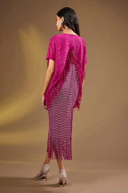 Shop Ajiesh Oberoi Pink Silk Fringe V-neck Ruby Delight Dress at Aza Fashions Shop_Ajiesh Oberoi_Pink Silk Fringe V-neck Ruby Delight Dress _at_Aza_Fashions