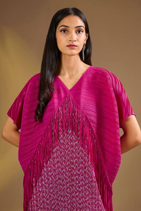 Ajiesh Oberoi Pink Silk Fringe V-neck Ruby Delight Dress Online at Aza Fashions Ajiesh Oberoi_Pink Silk Fringe V-neck Ruby Delight Dress _Online_at_Aza_Fashions