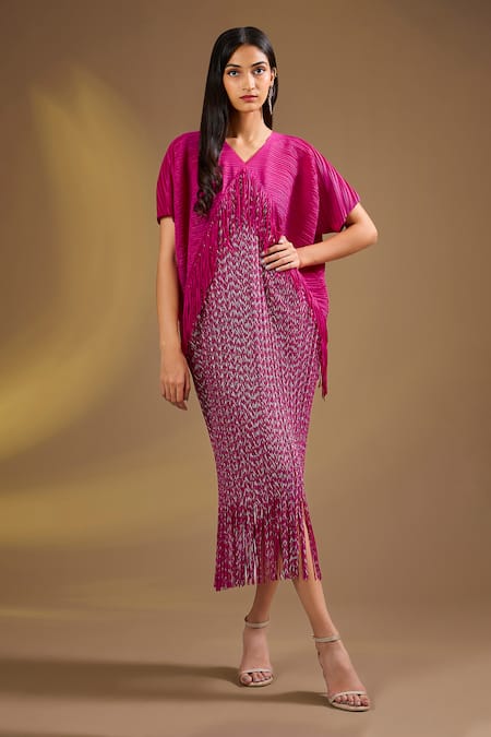 Ajiesh Oberoi Pink Silk Fringe V-neck Ruby Delight Dress