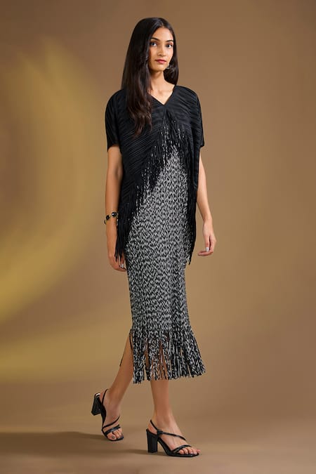 Ajiesh Oberoi Black Silk Fringe V-neck Chevron Dress 