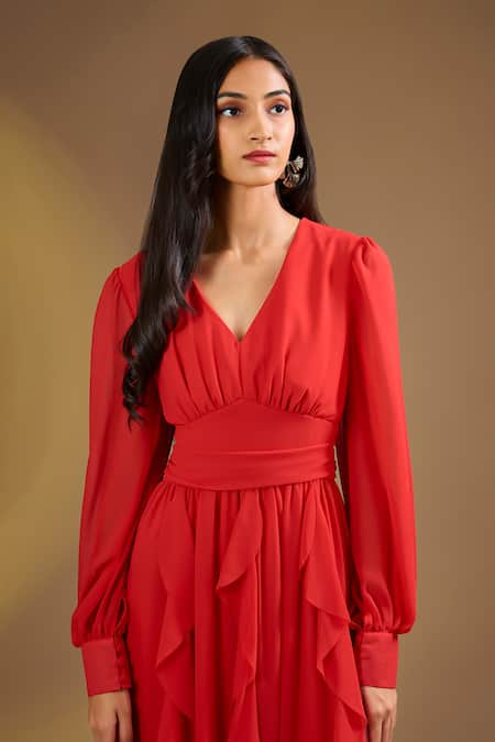 Ajiesh Oberoi_Red Silk V-neck Ruffle Charm Dress _Online_at_Aza_Fashions