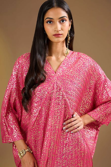 Ajiesh Oberoi Pink Silk V-neck Hot Metallic Gold Aurora Kaftan Online at Aza Fashions Ajiesh Oberoi_Pink Silk V-neck Hot Metallic Gold Aurora Kaftan _Online_at_Aza_Fashions