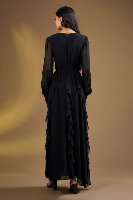 Shop Ajiesh Oberoi Black Silk V-neck Ruffle Charm Dress at Aza Fashions Shop_Ajiesh Oberoi_Black Silk V-neck Ruffle Charm Dress_at_Aza_Fashions