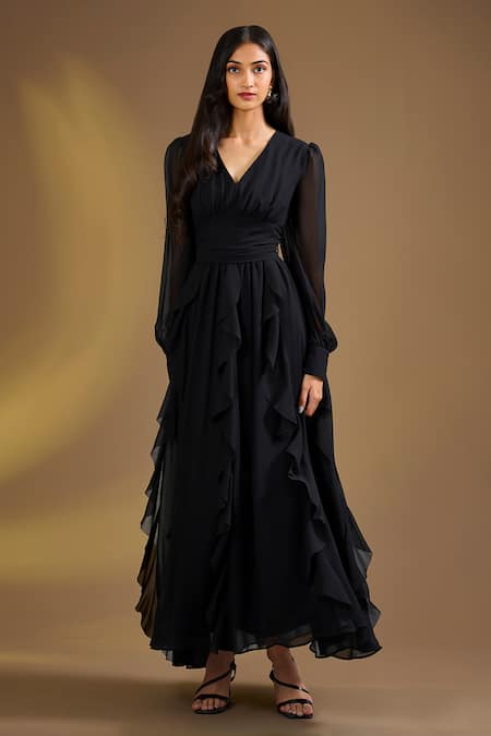 Ajiesh Oberoi Black Silk V-neck Ruffle Charm Dress 