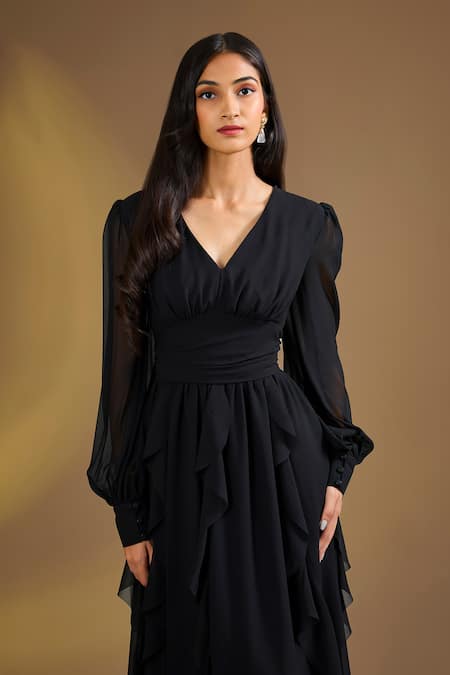 Ajiesh Oberoi Black Silk V-neck Ruffle Charm Dress Online at Aza Fashions Ajiesh Oberoi_Black Silk V-neck Ruffle Charm Dress_Online_at_Aza_Fashions