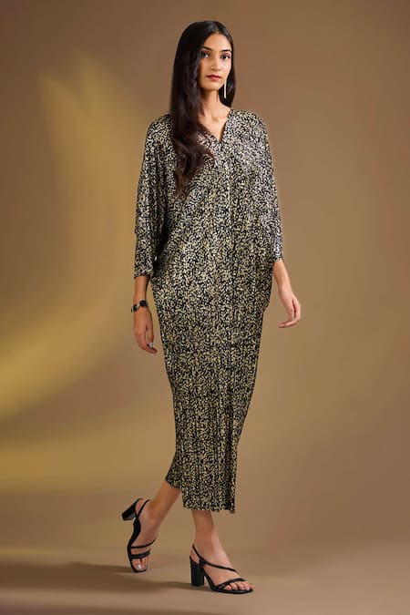 Ajiesh Oberoi Gold Silk V-neck Black With Abstract Drape Dress 