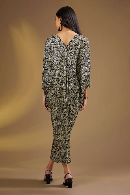 Shop Ajiesh Oberoi Gold Silk V-neck Black With Abstract Drape Dress at Aza Fashions Shop_Ajiesh Oberoi_Gold Silk V-neck Black With Abstract Drape Dress _at_Aza_Fashions