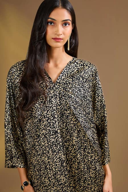 Ajiesh Oberoi Gold Silk V-neck Black With Abstract Drape Dress Online at Aza Fashions Ajiesh Oberoi_Gold Silk V-neck Black With Abstract Drape Dress _Online_at_Aza_Fashions