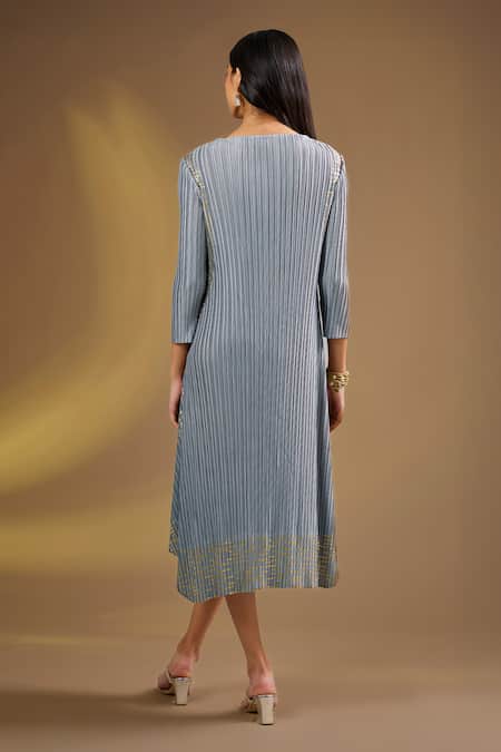 Shop Ajiesh Oberoi Gray Silk V-neck Silver Grace Designer Dress at Aza Fashions Shop_Ajiesh Oberoi_Gray Silk V-neck Silver Grace Designer Dress _at_Aza_Fashions