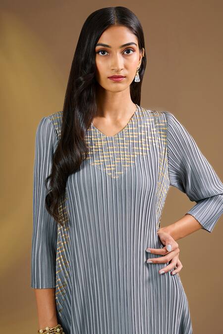 Ajiesh Oberoi Gray Silk V-neck Silver Grace Designer Dress Online at Aza Fashions Ajiesh Oberoi_Gray Silk V-neck Silver Grace Designer Dress _Online_at_Aza_Fashions