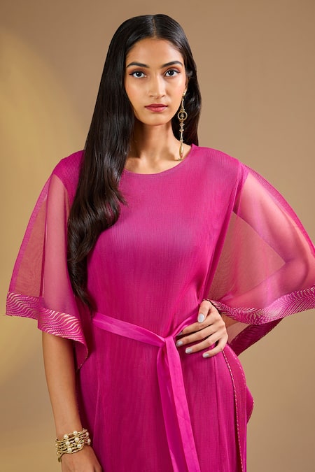 Ajiesh Oberoi_Fuchsia Silk Round Neck Fuschia Draped Kaftan With Belt _Online_at_Aza_Fashions