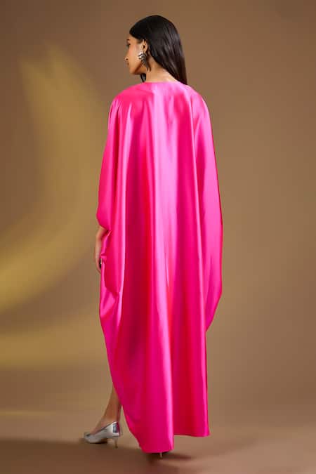 Shop Ajiesh Oberoi Pink Silk V-neck Fuschia Luxe Kaftan at Aza Fashions Shop_Ajiesh Oberoi_Pink Silk V-neck Fuschia Luxe Kaftan _at_Aza_Fashions