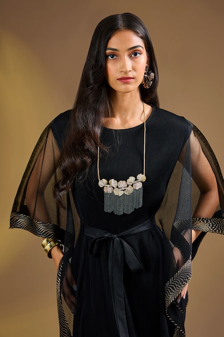 Ajiesh Oberoi Black Silk Metallic Thread Round Neck Draped Kaftan With Belt Online at Aza Fashions Ajiesh Oberoi_Black Silk Metallic Thread Round Neck Draped Kaftan With Belt _Online_at_Aza_Fashions