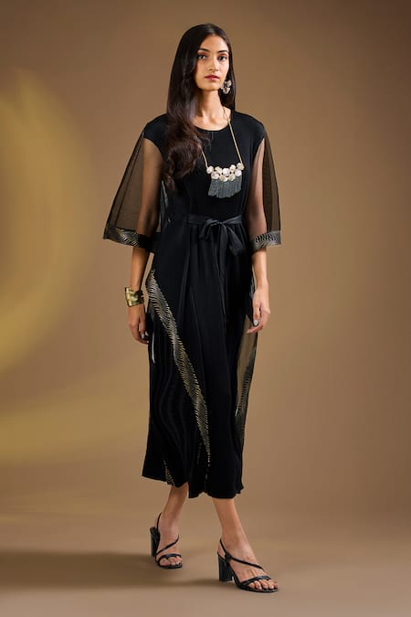 Ajiesh Oberoi Black Draped Kaftan With Belt 