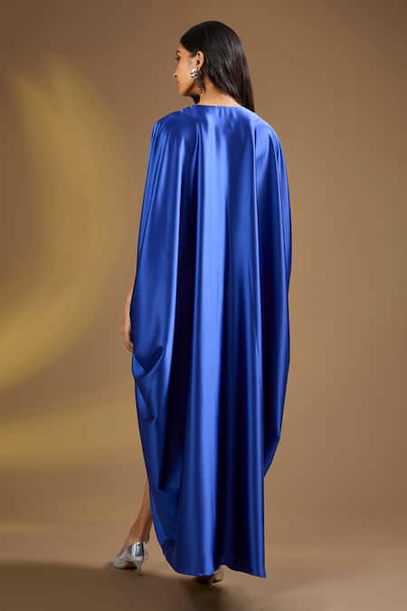 Shop Ajiesh Oberoi Navy Silk V-neck Blue Luxe Kaftan at Aza Fashions Shop_Ajiesh Oberoi_Navy Silk V-neck Blue Luxe Kaftan _at_Aza_Fashions
