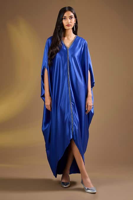 Ajiesh Oberoi Navy Silk V-neck Blue Luxe Kaftan 