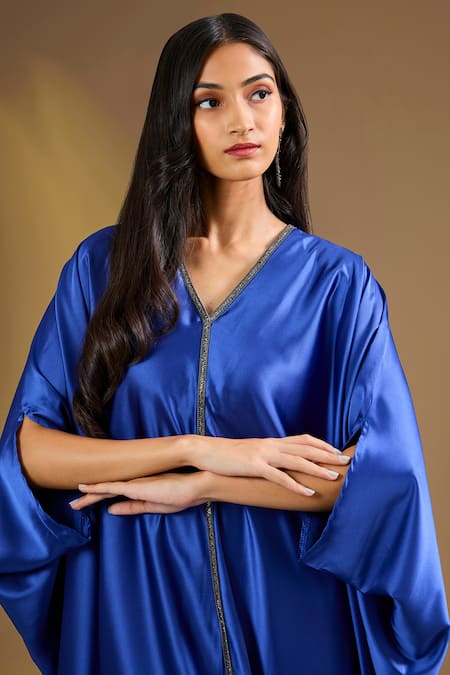 Ajiesh Oberoi Navy Silk V-neck Blue Luxe Kaftan Online at Aza Fashions Ajiesh Oberoi_Navy Silk V-neck Blue Luxe Kaftan _Online_at_Aza_Fashions