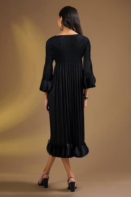 Shop Ajiesh Oberoi Black Silk Fabric Flowers Round Neck Noir Petal Dress at Aza Fashions Shop_Ajiesh Oberoi_Black Silk Fabric Flowers Round Neck Noir Petal Dress _at_Aza_Fashions