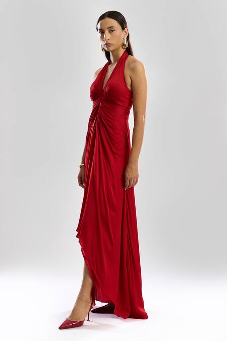 Aroka_Red Modal, Satin Halter Neck Desire Dress_Online_at_Aza_Fashions