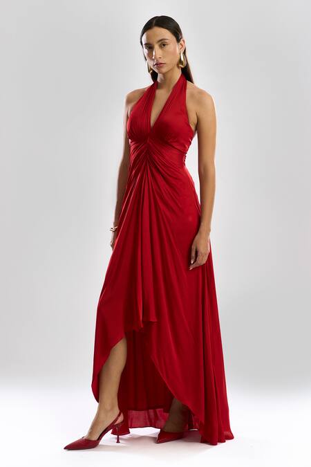 Shop_Aroka_Red Modal, Satin Halter Neck Desire Dress_Online_at_Aza_Fashions