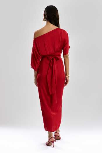 Shop Aroka Red Modal, Satin Off-shoulder Verve Sarong Dress at Aza Fashions Shop_Aroka_Red Modal, Satin Off-shoulder Verve Sarong Dress_at_Aza_Fashions