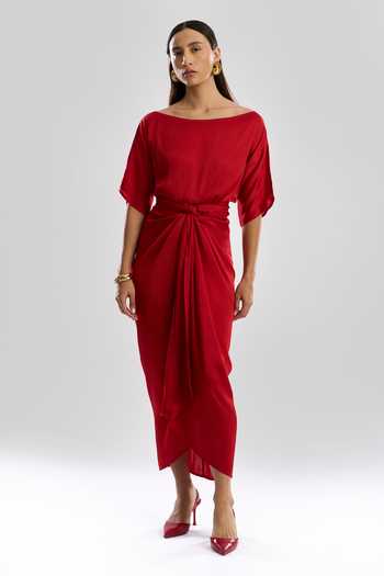 Buy Aroka Red Modal, Satin Off-shoulder Verve Sarong Dress at Aza Fashions Buy_Aroka_Red Modal, Satin Off-shoulder Verve Sarong Dress_at_Aza_Fashions